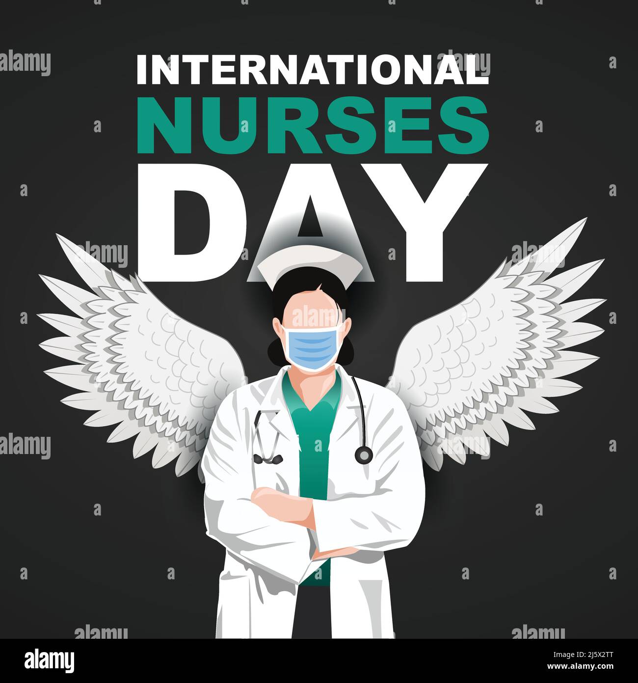 12. Mai. Happy International Nurse Day Hintergrund. Halbe Größe der Krankenschwester`s Uniform mit Flügeln und Stethoskop. Vektorgrafik Stock Vektor